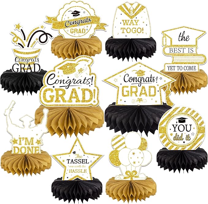 10PCS Graduation Decorations Class of 2025 Centerpieces, Congrats Grad Honeycomb Table Toppers for Graduation Party Favors, 2026 Graduation Party Decorations (10PCS, White & Gold)