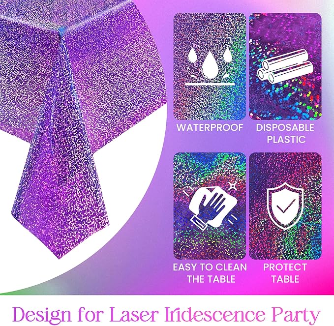 2 Pcs Black & Purple Holographic Laser Tablecloths Iridescence Shiny Table Covers 40" x 108" Halloween Decorations Space Plastic Table Cloths for Birthday Party Wedding Events Supplies