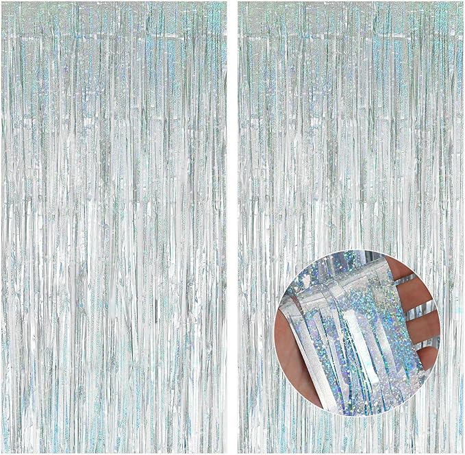 2 Pack Birthday Decoration, Silver Party Fringe Backdrop Decor Tinsel Foil Curtain Door Backdrop Banner Photo Booth Streamer for Birthday Wedding Baby Shower Bachelorette Disco Party