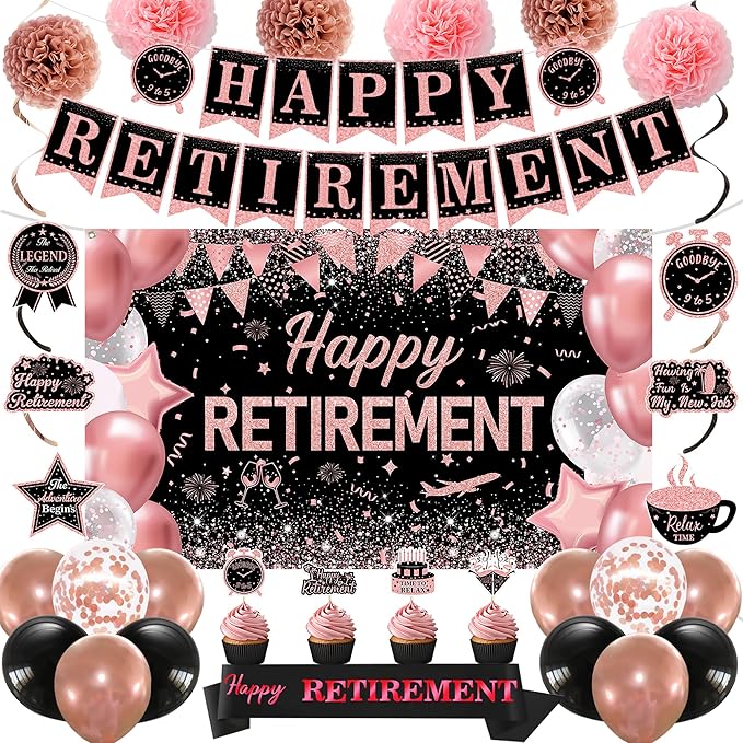 DARUNAXY Rose Gold Retirement Decorations for Women, Happy Retirement Banner, Pink Officially Retired Hanging Swirl The Legend Has Retired Sash Tissue Paper Pom Poms Party Supplies(31PC)