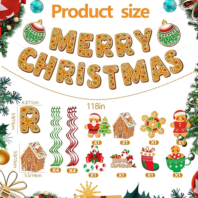 Gingerbread Man Christmas Decorations Set with Merry Christmas Banner Hanging Swirls Garland and Ceiling Streamers for Xmas Holiday Party Supplies Home Office Fireplace Decoration