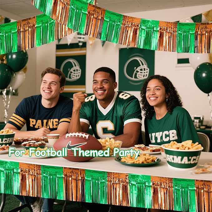 4 Packs Total 39 Ft Super Ball Parade Floats for Trailer Car, Green Brown Foil Fringe Garland Tinsel Streamers Hanging Backdrop Banner Table Skirts for Graduation Homecoming Birthday Football Party