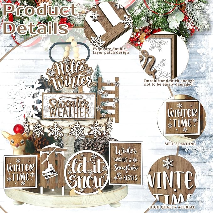 15 Pcs Winter Tiered Tray Decor Snowflake Tiered Tray Decorations Set Hello Winter Let It Snow Wooden Signs Farmhouse Christmas Decor for Home Table Shelf