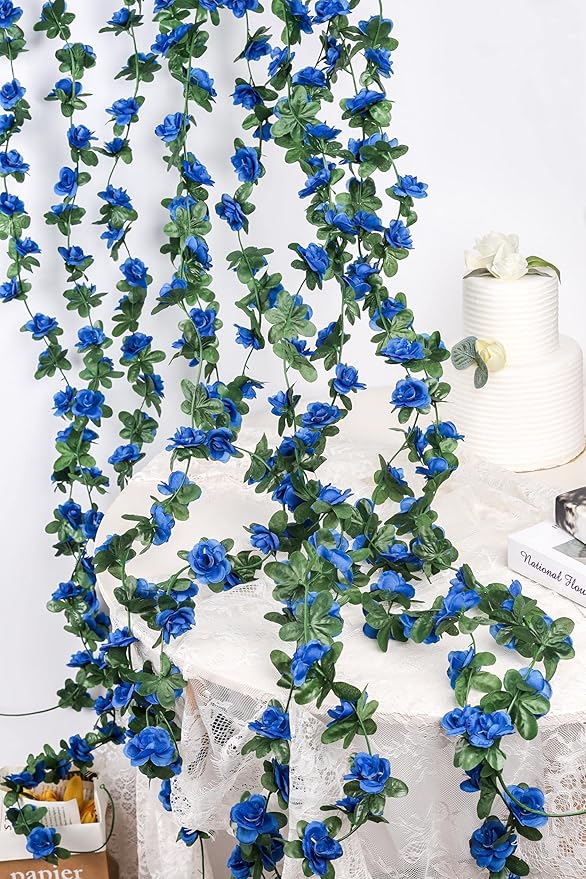Miracliy 8Pcs 66FT Blue Flower Garland, Artificial Rose Floral Vines Fake Hanging Spring Flower Garland for Wall Backdrop Wedding Arch Tea Party Door Mantle Decoration