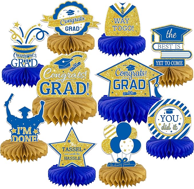 10PCS Graduation Decorations Class of 2025 Centerpieces, Congrats Grad Honeycomb Table Toppers for Graduation Party Favors, 2026 Party Decorations (10PCS, Blue & Gold)