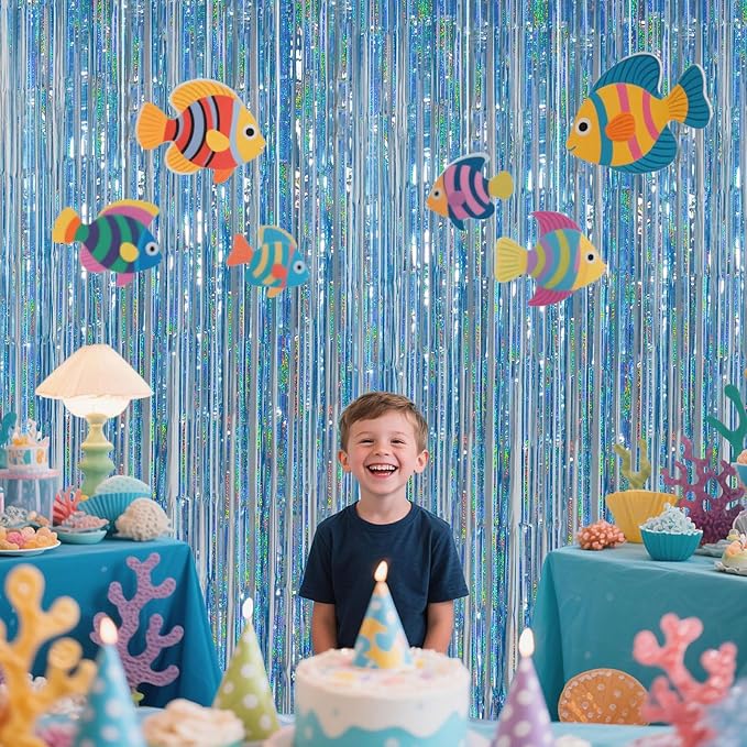 Light Blue Metallic Streamer Backdrop with Glitter Tinsel,3.28 x 6.56ft Foil Fringe Curtains for Gender Reveal & Ocean Theme Wall Hanging Party Supplies, Birthday/Wedding/Photoshoot