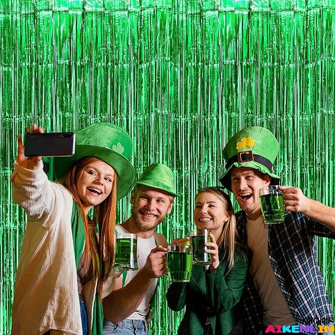 4 Pack 3.3Ft x 6.6Ft Green Foil Fringe Curtain Backdrop, Metallic Tinsel Foil Fringe Streamers Curtains Background for Photo Booth, Birthday, Wedding, Halloween, Christmas Party Decoration