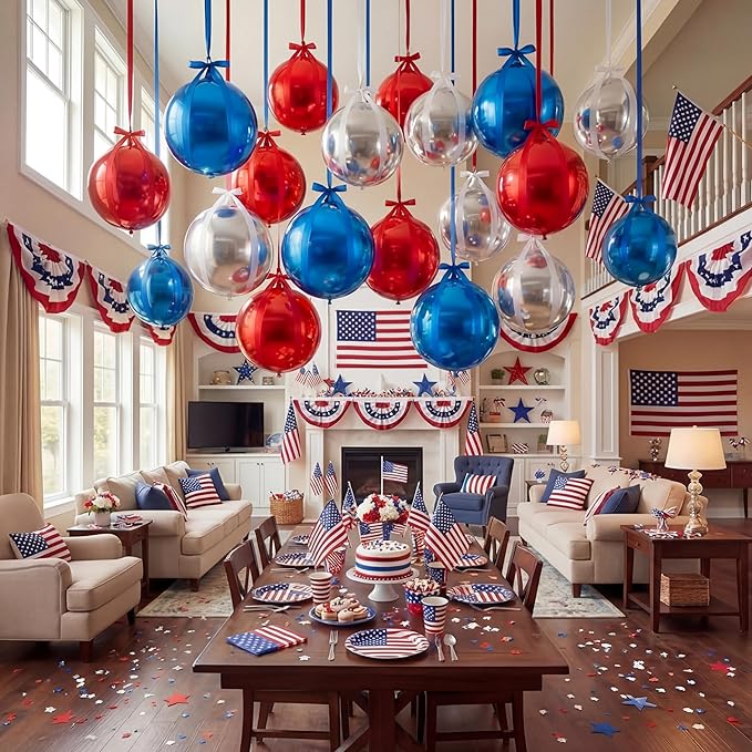 20 Pcs Large Red Blue Silver Metallic Foil Balloons 22 Inch Independence Day Giant 4d Round Ball Balloons with Ribbions for 250th Anniversary Birthday Wedding Baby Shower Tea Party Decor