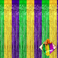 4 Pack 3.2Ft x 6.6Ft Mardi Gras Foil Fringe Curtain Backdrop, Gold Green Purple Metallic Tinsel Foil Fringe Streamers Curtains Background for Photo Booth, Birthday, Wedding, Carnival Party Decoration