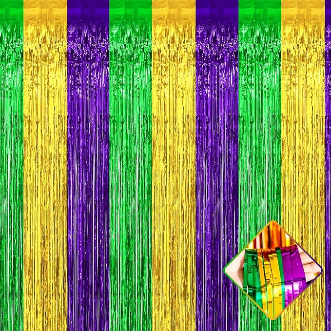 4 Pack 3.2Ft x 6.6Ft Mardi Gras Foil Fringe Curtain Backdrop, Gold Green Purple Metallic Tinsel Foil Fringe Streamers Curtains Background for Photo Booth, Birthday, Wedding, Carnival Party Decoration