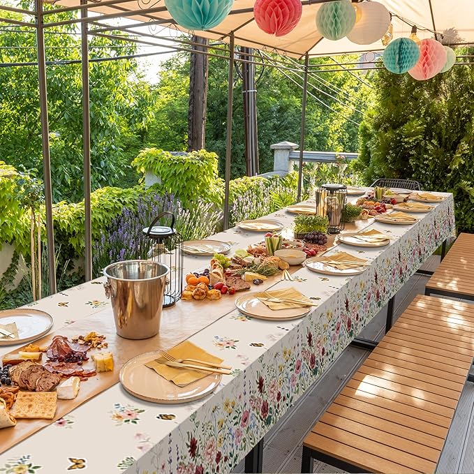 24 Pcs Spring Floral Tablecloth, Butterfly Wildflower Plastic Disposable Tablecloth Rectangle Table Covers for Easter, Birthday, Wedding, Mothers Day Tea Party Supplies and Decorations,54 x 108 Inch