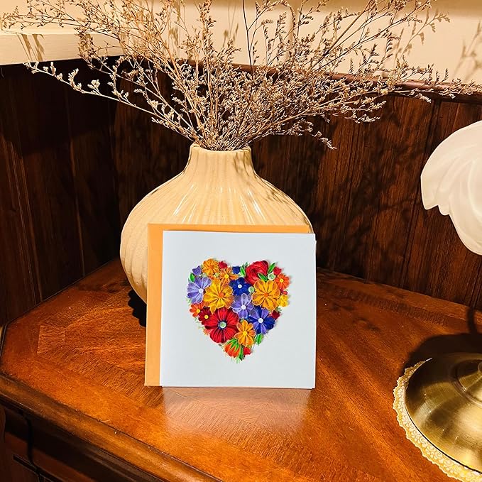 Quilling Cards, handmade card, quilled cards with Handmade Art for all occasions: quilling birthday card for women, Birthday card, mother... colorful heart design (Colorful flowers)