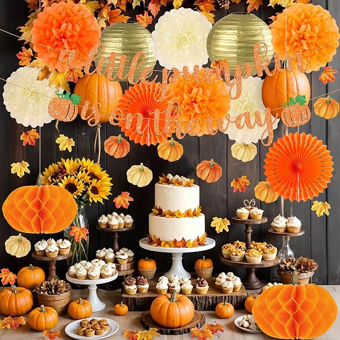 Kriyokiaa Little Pumpkin Baby Shower Decorations 71 Pcs Fall Baby Shower Decor with Tissue Pompom, Paper Fans, Lantern, Banners & Artificial Maples for Rustic Neutral Shower Party Supplies