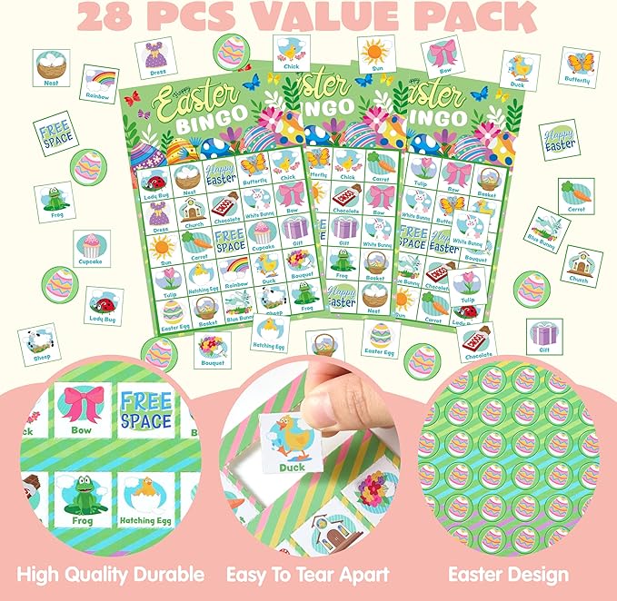JOYIN 28 Players Easter Bingo Cards (5x5) for Easter Party Goodies Games, Kids School Classroom Gift, Indoor Family Activities, Basket Filler Stuffers