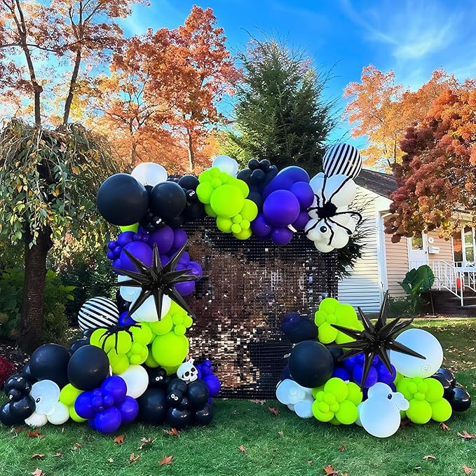 Halloween Balloon Arch Garland Kit, Purple Neon Green Party Decor with Star Spikes & Black and White Stripes Foil Balloons, Black Eyes Green Spooky Balloon for halloween Outdoor Party Decorations