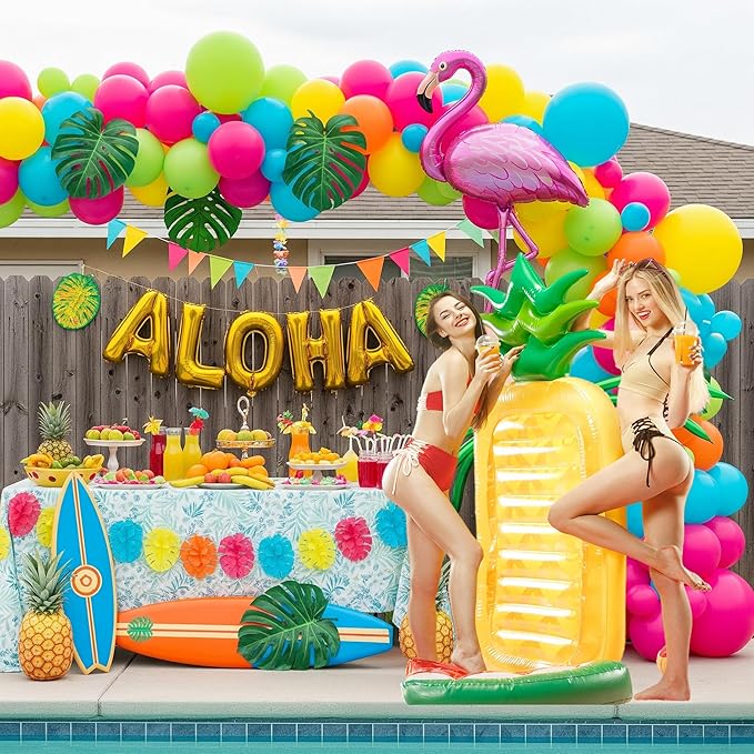 Tropical luau Balloon Garland Arch Kit Party Decoration with Flamingo Aloha Letter Coconut Tree foil balloons for Summer Hawaiian tiki luau Beach Theme Birthday Party Decorations (Pink Green Yellow)