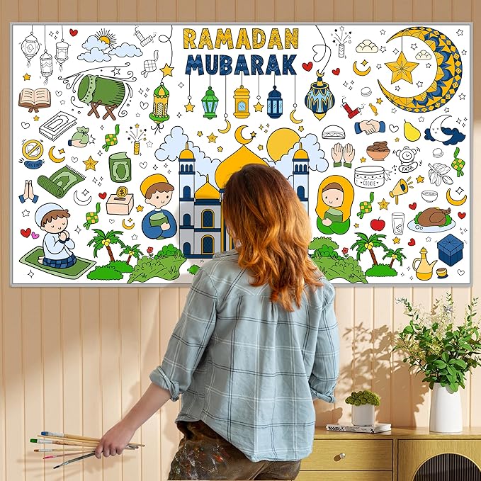 OHOME Ramadan Giant Coloring Poster/Tablecloth-Ramadan Decorations - Jumbo Coloring Banner Kids Eid Crafts Activities Decor Party Decorations