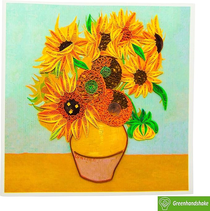 GREENHANDSHAKE Van Gogh's Vase with Sunflowers (1888) Quilling Art Greeting Card,Design Greeting Card for Birthday, Valentine's Day, Get Well, All Occasion. Framable Artwork for Art Lovers