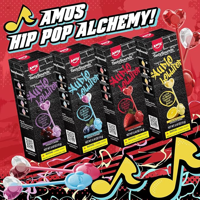 AMOS Music Lollipop Candy Suckers – TastySounds Audio Hip Hop Singing Lollipop, Assorted Fruit Flavors, Sugar-Free, Low-Calorie Snack, 4-Pack Gift Box