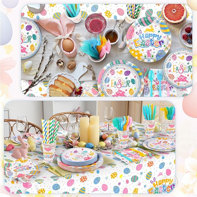 Kochorie 194 Pieces Happy Easter Tableware Set Colorful Easter Bunny Egg Dinnerware Includes Paper Plates Cups Napkins Straws Plastic Cutlery Tablecloths for Spring Birthday Party Supplies, Serves 24