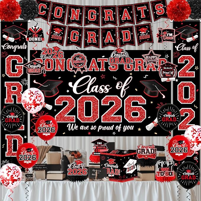 Graduation Decorations Class of 2026,Red Graduation Party Supplies- Congrats Grad Decorations Banner ＆ Hanging Swirls,Graduation Card Box,Paper Pompoms,Balloons,Porch Sign for College Grad Party