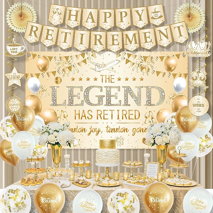 Roetyce Retirement Party Decorations Women, Champagne Gold Happy Retirement Banner Backdrop Balloons Hanging Swirls for Coworker, Gold Lengend Has Retired Sash & Crown, Office Retired Background
