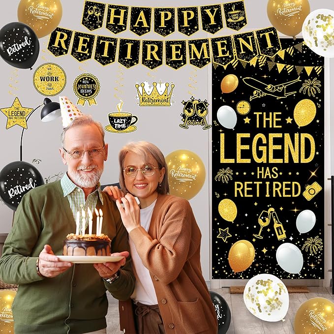 Roetyce Retirement Party Decorations for Men Women, Black Gold Happy Retirement Banner Balloons Hanging Swirls Kit, Lengend Has Retired Backdrop for Coworker, Office Retired Party Supplies