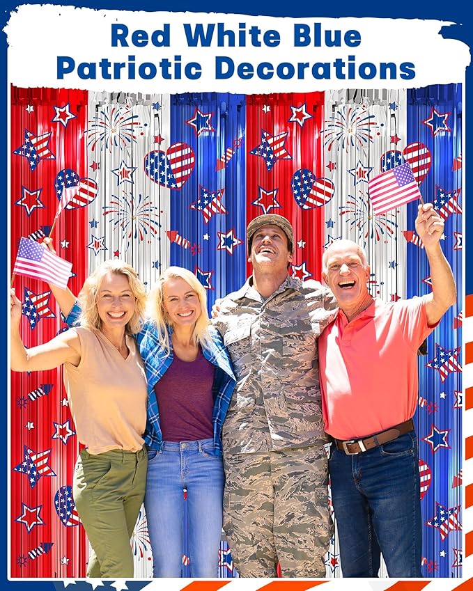 4th of July Decorations Foil Fringe Curtains for Memorial Day, 2 Pack Fourth of July Decor Party Backdrop Red White and Blue Tinsel Streamer, Patriotic Decorations for Independence Labor Veterans Day
