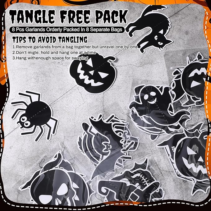 Xinnun 8 Pcs Halloween Party Decorations Garland Spooky Ghosts Skulls Pumpkin Hanging Banner Halloween Black Creepy Party Ceiling Garland for Outdoor Indoor Haunted House Horror Birthday Decor