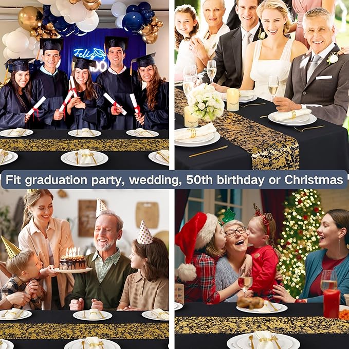 Snowkingdom Black and Gold Table Runner 49 Feet 588 inches Golden Metallic Centerpieces Foil Runners Party Decorations Glitter for Birthday Shower Wedding Retirement Christmas Thanksgiving Graduation
