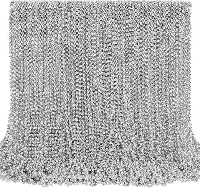 SHAOQINLIN 144 PCS Silver Bead Necklace, Silver Mardi Gras Beads Christmas Necklace, 4th of July Necklaces, 33'' Silver Party Beads for Patriotic Day, Mardi Gras, Christmas, Carnival Party Favors