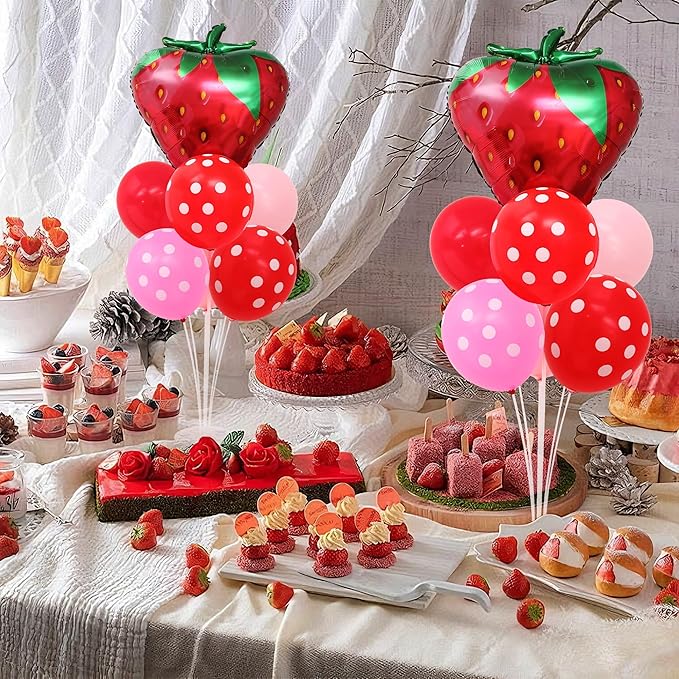 Strawberry Balloon Stand for Table Centerpiece Stand Kit 2 Sets with 2 Strawberry Foil Balloons and 14 Latex Pastel Balloons for Strawberry Themed Birthday Party Decorations