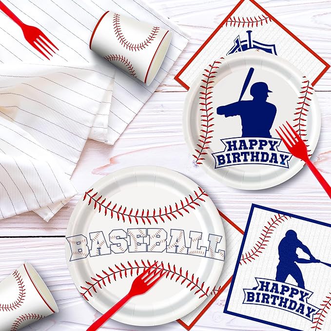 120pcs Baseball Party Supplies Birthday Plates Napkins Cups Red Forks Sports Birthday Party Decorations Paper Dessert Tableware Set for 24 Guests
