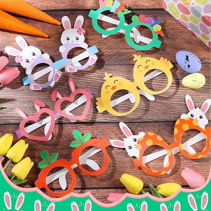 Lenwen 24 Pieces Happy Easter Glasses Paper Glasses Frame Chick Bunny Ears Eggs Eyeglasses Easter Day Eyewear for Kids Adults Photo Booth Props Party Favor Decorations Supplies