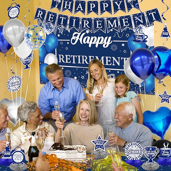 Retirement Party Decorations for Men Women 109Pcs Blue Silver Happy Retirement Decorations Include Banner Backdrop Balloons Sash Hanging Swirls Pompoms Tablecloth Honeycomb Centerpiece(Blue Silver)