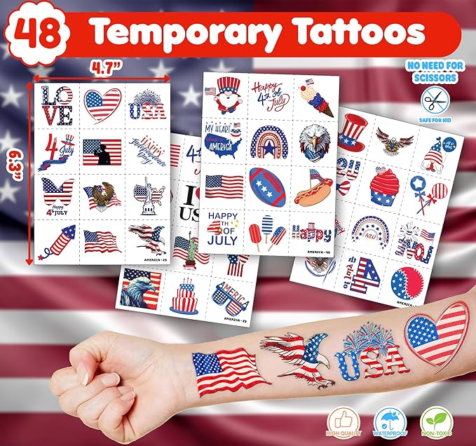 72 PCS Fourth of July Party Favors - 48 Temporary Pre-Cut Tattoos & 24 Slap Bracelets - Party Favors for Boys & Girls, Birthday Goodie Bag Fillers, Baby Shower Gifts, Classroom Rewards