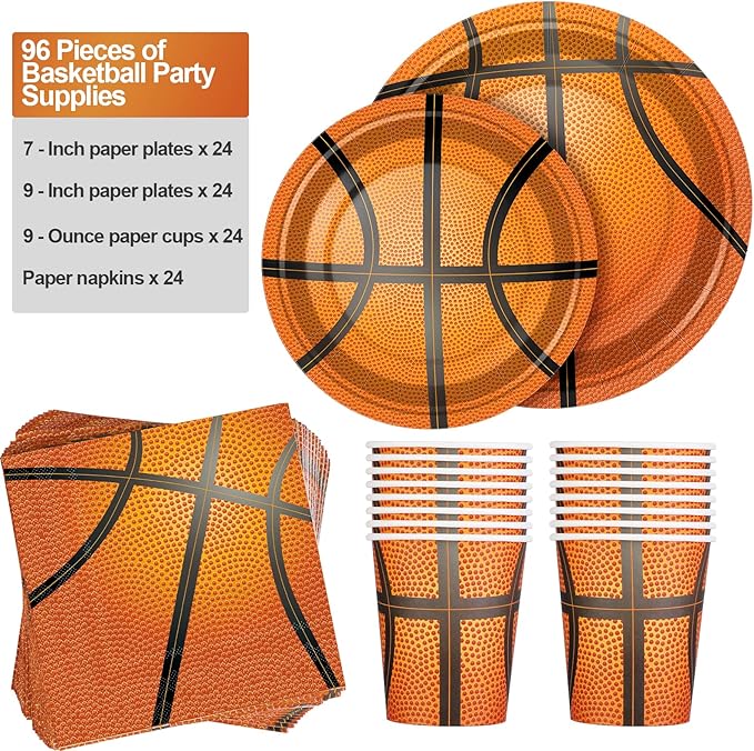 durony 96 Pieces Basketball Party Supplies Birthday Party Tableware Including Paper Plates, Cups, Napkins for Basketball Birthday Party, Serves 24 Guests