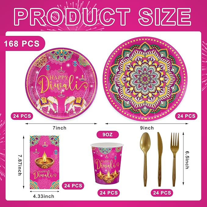 168pcs Happy Diwali Plates Napkins India Festival of Lights Disposable Cups Tableware Set Diwali Party Supplies for Festival of Lights Party Boys Girl Birthday Decorations Serve 24