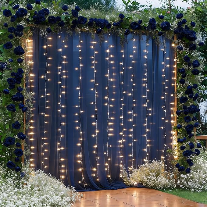 30×10ft Navy Blue Tulle Backdrop Curtain with Lights String for Parties, Sheer Photo Backdrop Curtains for Wedding Party Photography Background