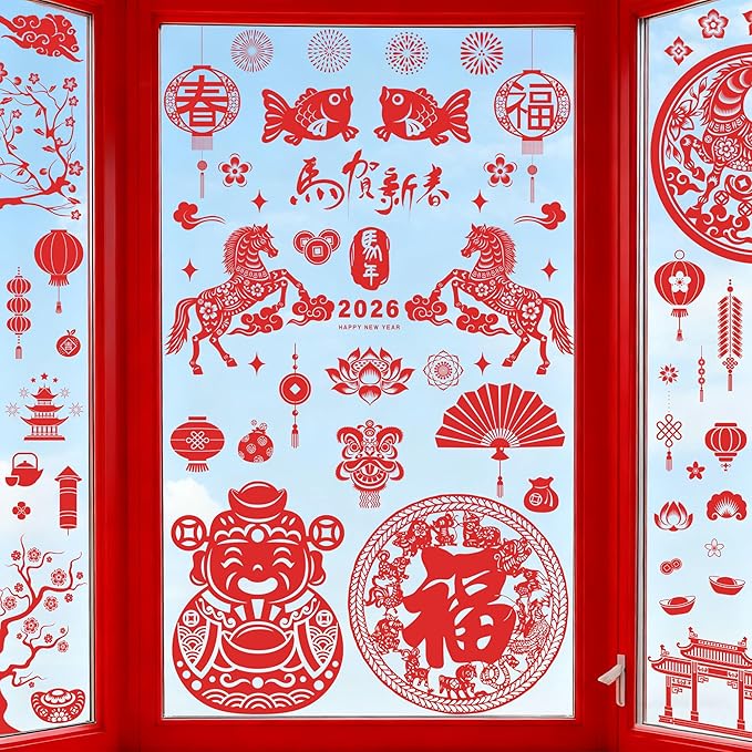 9 Sheets Chinese New Year Window Clings, Horse Year Decor for Window, 2026 Lunar New Year Decorations, Red Spring Festival Decals Double-Sided Stickers for Festival Family Gathering Door Wall Decor