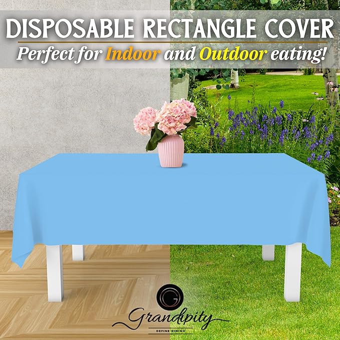 Grandipity 12 Pack Premium Disposable Plastic Tablecloth 54 Inch. x 108 Inch. Decorative Rectangle Table Cover - Sky Blue
