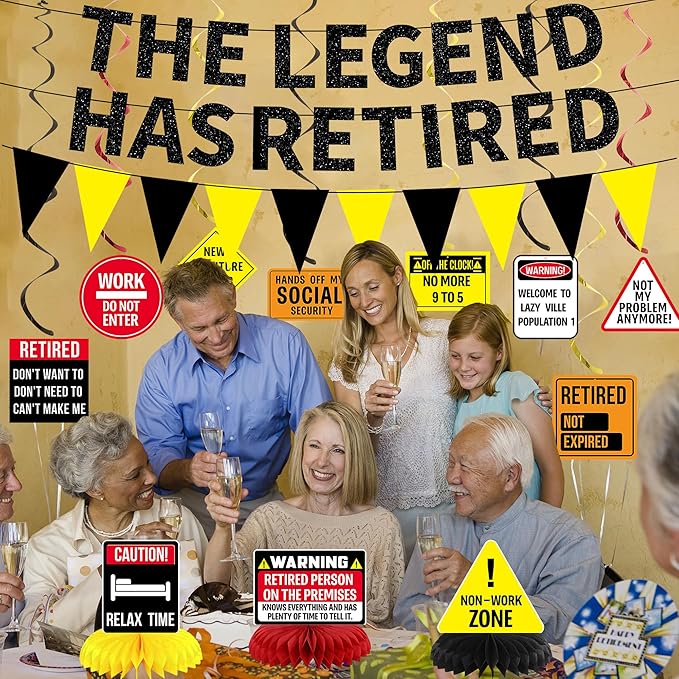 Roetyce Retirement Decorations Men Women, Caution Happy Retirement Banner Hanging Swirls Centerpieces Kit, Funny Legend Retired Party Supplies Backdrop for Coworker Family