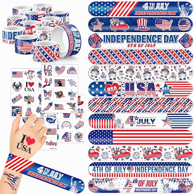 72 PCS Fourth of July Party Favors - 48 Temporary Pre-Cut Tattoos & 24 Slap Bracelets - Party Favors for Boys & Girls, Birthday Goodie Bag Fillers, Baby Shower Gifts, Classroom Rewards