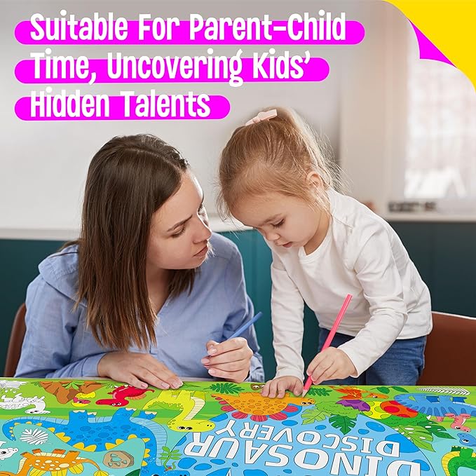 Dinosaur Coloring Poster, Large Coloring Activity Paper 75” x 31” Jumbo Size Giant Party Paper DIY Painting Drawing Banner/Tablecloth for School, Wall Decor