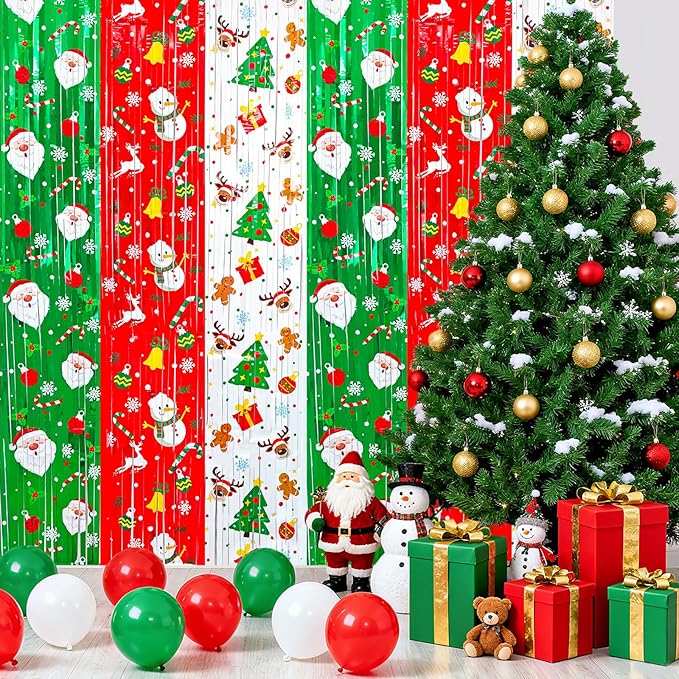 3 Pack Printed Christmas Foil Fringe Curtains, Red Green Tinsel Backdrop with Santa & Reindeer Patterns - Photo Booth Props for Ugly Sweater Party, Christmas in July & Winter Holiday Decor