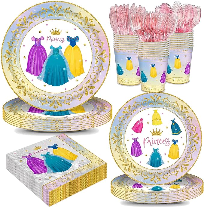 168pcs Princess Birthday Party Decorations Princess Plates Napkins Girls Paper Cups Party Supplies Disposable Tableware Set for Kids Girls Birthday Decor 24 Guests