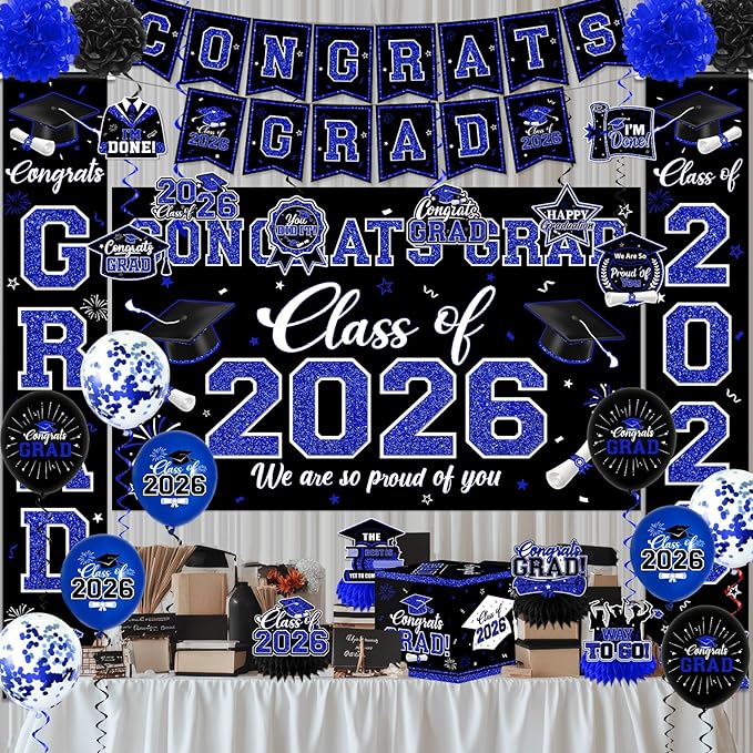 Graduation Decorations Class of 2026,Blue Graduation Decorations 2026- Congrats Grad Decorations Banner ＆ Hanging Swirls,Graduation Card Box,Paper Pompoms,Balloons,Porch Sign for College Grad Party