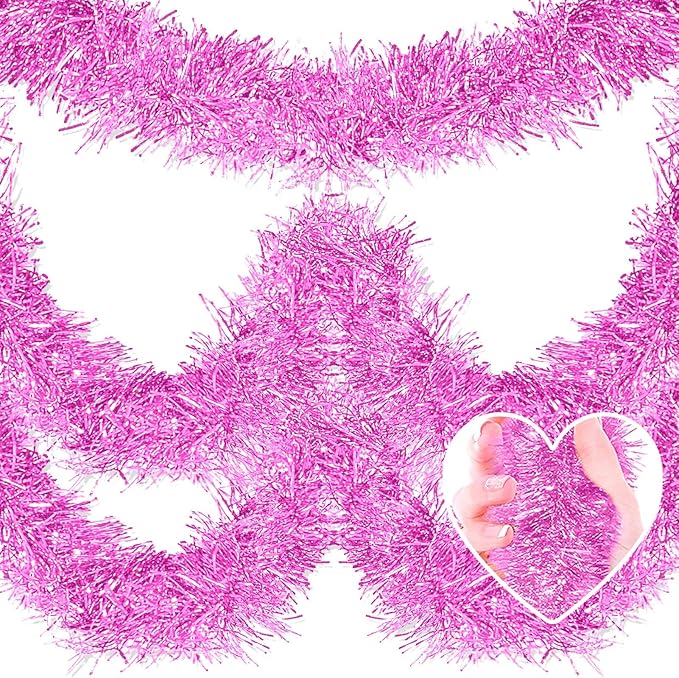 25 Feet Christmas Tinsel Garland, Metallic Twist Garland Wall Hanging Tinsel Garland Backdrop for Parade Floats, Carnival, Birthday, Wedding, New Year Party Decorations (Macaron Pink, 4in x 25ft)