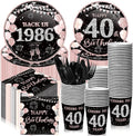 240 Pcs 40th Birthday Decorations 1986 Birthday Party Tableware Include Plates Napkins 9oz Cups Cutlery 40th Anniversary Party Supplies for Men Women Him Her, Serve 30 Guests (Black Pink)