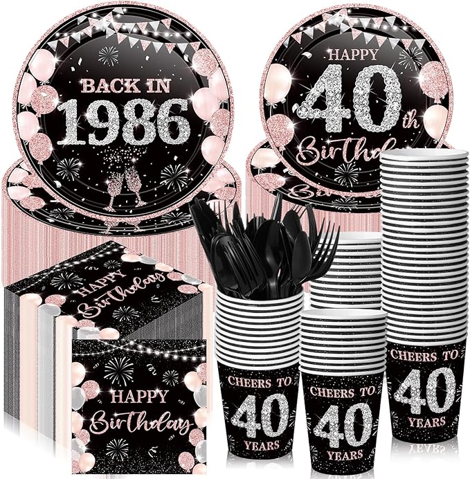 240 Pcs 40th Birthday Decorations 1986 Birthday Party Tableware Include Plates Napkins 9oz Cups Cutlery 40th Anniversary Party Supplies for Men Women Him Her, Serve 30 Guests (Black Pink)